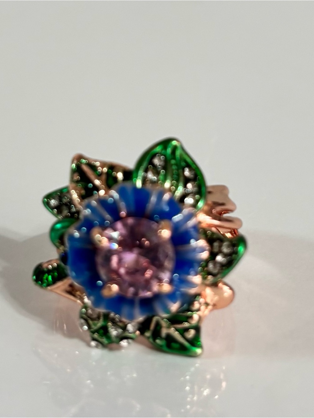 925 silver Rose Gold & Pink synthetic Zirconia Ring & Green / Purple Enamel 7